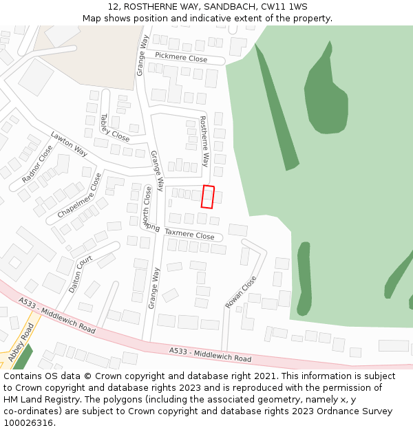 12, ROSTHERNE WAY, SANDBACH, CW11 1WS: Location map and indicative extent of plot