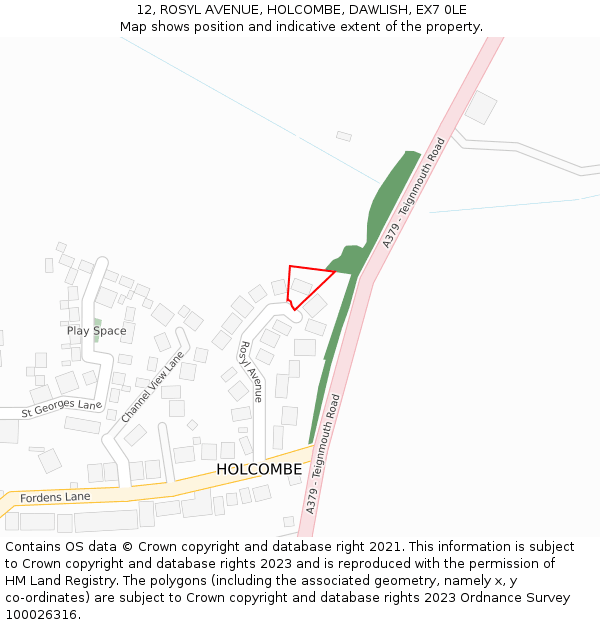12, ROSYL AVENUE, HOLCOMBE, DAWLISH, EX7 0LE: Location map and indicative extent of plot
