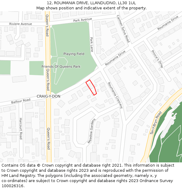 12, ROUMANIA DRIVE, LLANDUDNO, LL30 1UL: Location map and indicative extent of plot