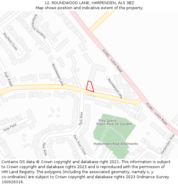 12, ROUNDWOOD LANE, HARPENDEN, AL5 3BZ: Location map and indicative extent of plot