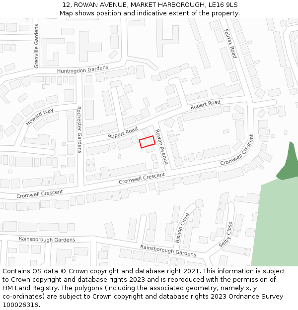 12, ROWAN AVENUE, MARKET HARBOROUGH, LE16 9LS: Location map and indicative extent of plot
