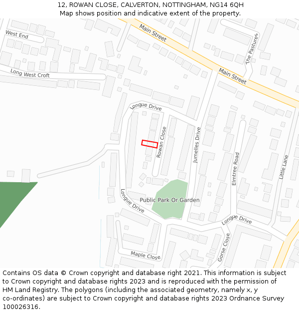 12, ROWAN CLOSE, CALVERTON, NOTTINGHAM, NG14 6QH: Location map and indicative extent of plot