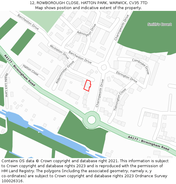 12, ROWBOROUGH CLOSE, HATTON PARK, WARWICK, CV35 7TD: Location map and indicative extent of plot