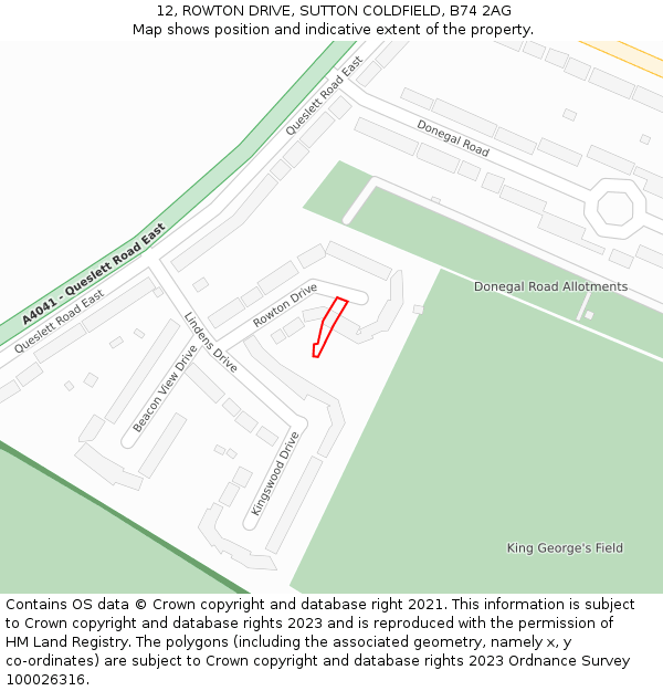 12, ROWTON DRIVE, SUTTON COLDFIELD, B74 2AG: Location map and indicative extent of plot