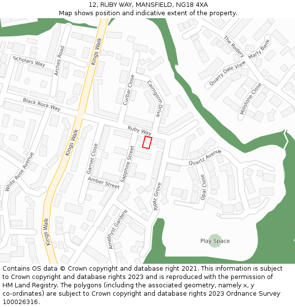 12, RUBY WAY, MANSFIELD, NG18 4XA: Location map and indicative extent of plot