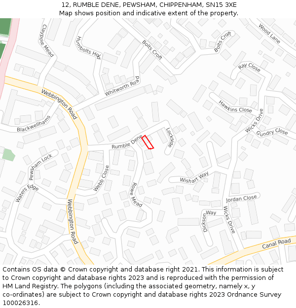 12, RUMBLE DENE, PEWSHAM, CHIPPENHAM, SN15 3XE: Location map and indicative extent of plot