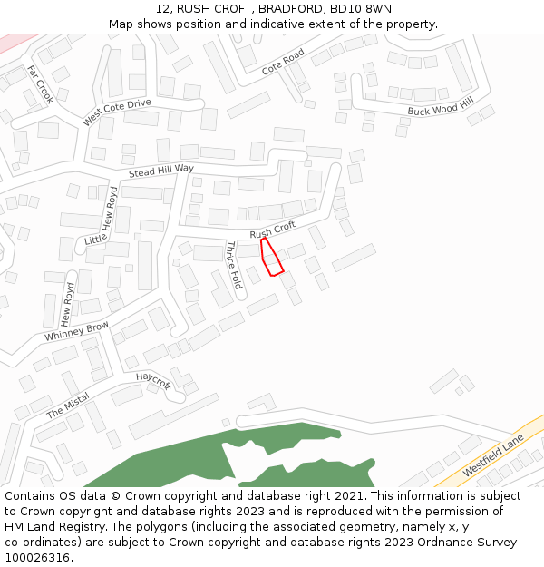 12, RUSH CROFT, BRADFORD, BD10 8WN: Location map and indicative extent of plot
