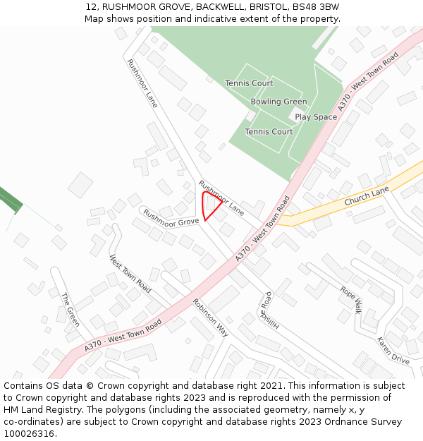 12, RUSHMOOR GROVE, BACKWELL, BRISTOL, BS48 3BW: Location map and indicative extent of plot