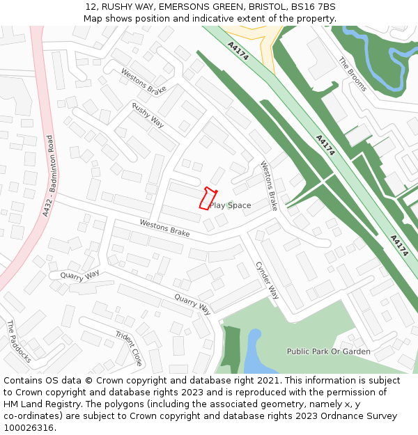 12, RUSHY WAY, EMERSONS GREEN, BRISTOL, BS16 7BS: Location map and indicative extent of plot