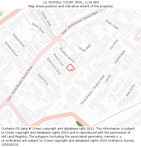 12, RUSSELL COURT, RHYL, LL18 3EN: Location map and indicative extent of plot