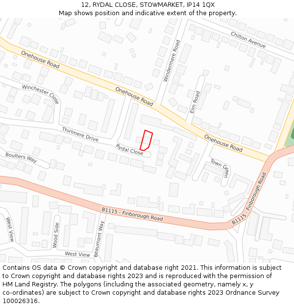 12, RYDAL CLOSE, STOWMARKET, IP14 1QX: Location map and indicative extent of plot