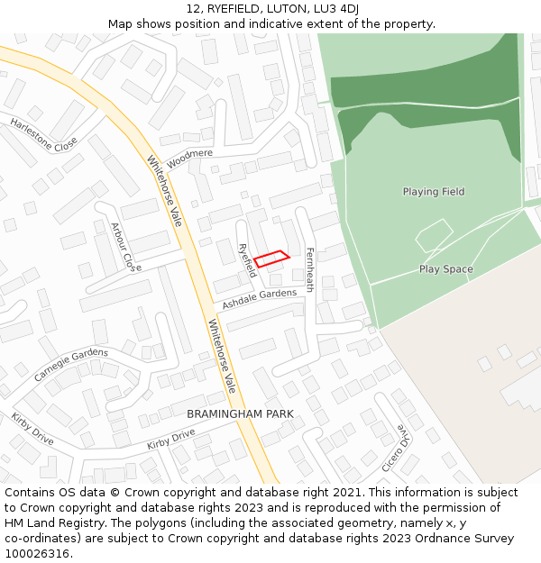 12, RYEFIELD, LUTON, LU3 4DJ: Location map and indicative extent of plot