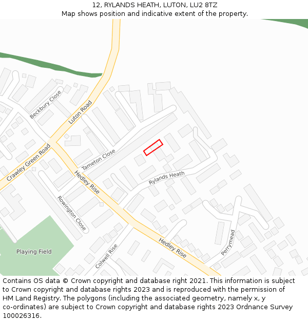 12, RYLANDS HEATH, LUTON, LU2 8TZ: Location map and indicative extent of plot