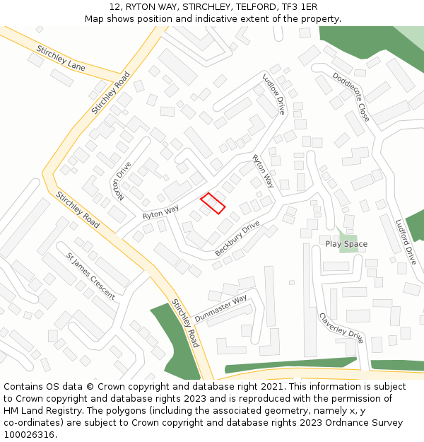 12, RYTON WAY, STIRCHLEY, TELFORD, TF3 1ER: Location map and indicative extent of plot