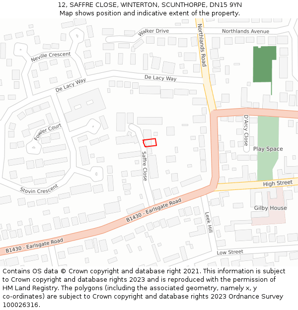 12, SAFFRE CLOSE, WINTERTON, SCUNTHORPE, DN15 9YN: Location map and indicative extent of plot