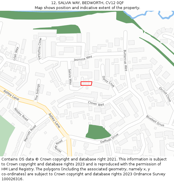 12, SALVIA WAY, BEDWORTH, CV12 0QF: Location map and indicative extent of plot