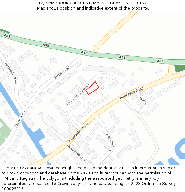 12, SAMBROOK CRESCENT, MARKET DRAYTON, TF9 1NG: Location map and indicative extent of plot