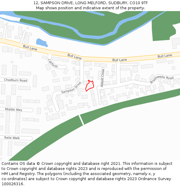 12, SAMPSON DRIVE, LONG MELFORD, SUDBURY, CO10 9TF: Location map and indicative extent of plot