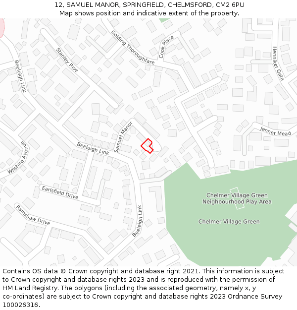 12, SAMUEL MANOR, SPRINGFIELD, CHELMSFORD, CM2 6PU: Location map and indicative extent of plot