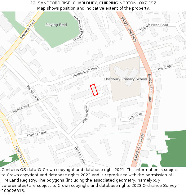 12, SANDFORD RISE, CHARLBURY, CHIPPING NORTON, OX7 3SZ: Location map and indicative extent of plot