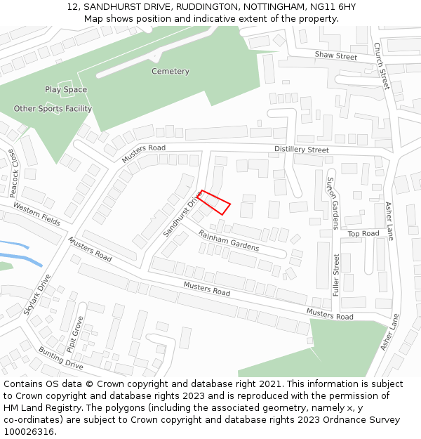 12, SANDHURST DRIVE, RUDDINGTON, NOTTINGHAM, NG11 6HY: Location map and indicative extent of plot