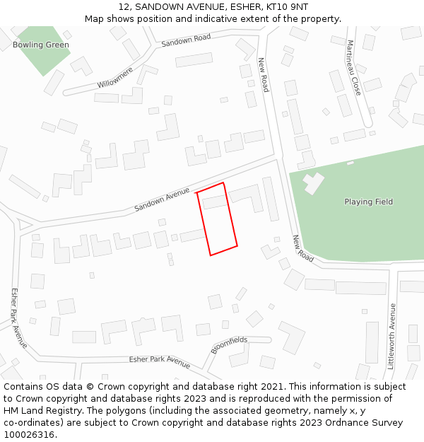 12, SANDOWN AVENUE, ESHER, KT10 9NT: Location map and indicative extent of plot