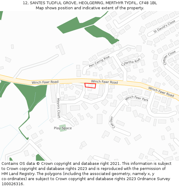12, SANTES TUDFUL GROVE, HEOLGERRIG, MERTHYR TYDFIL, CF48 1BL: Location map and indicative extent of plot