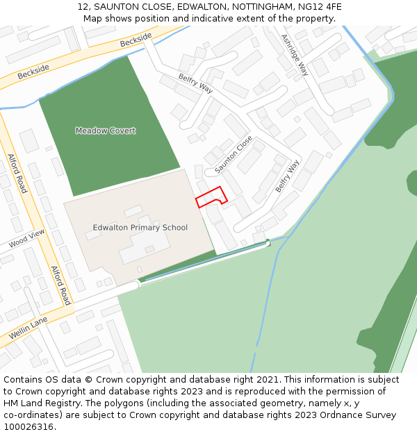 12, SAUNTON CLOSE, EDWALTON, NOTTINGHAM, NG12 4FE: Location map and indicative extent of plot