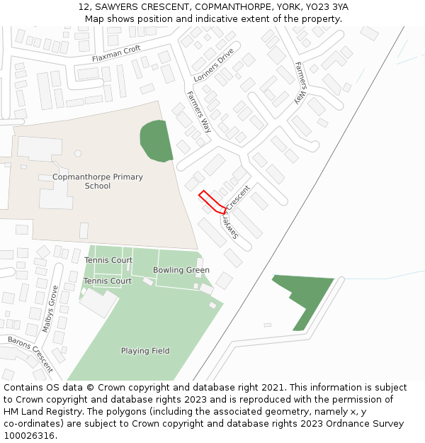 12, SAWYERS CRESCENT, COPMANTHORPE, YORK, YO23 3YA: Location map and indicative extent of plot