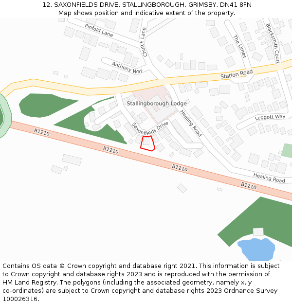 12, SAXONFIELDS DRIVE, STALLINGBOROUGH, GRIMSBY, DN41 8FN: Location map and indicative extent of plot