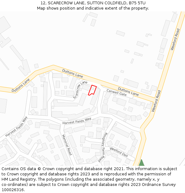 12, SCARECROW LANE, SUTTON COLDFIELD, B75 5TU: Location map and indicative extent of plot