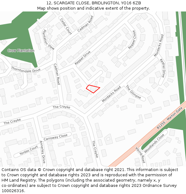 12, SCARGATE CLOSE, BRIDLINGTON, YO16 6ZB: Location map and indicative extent of plot