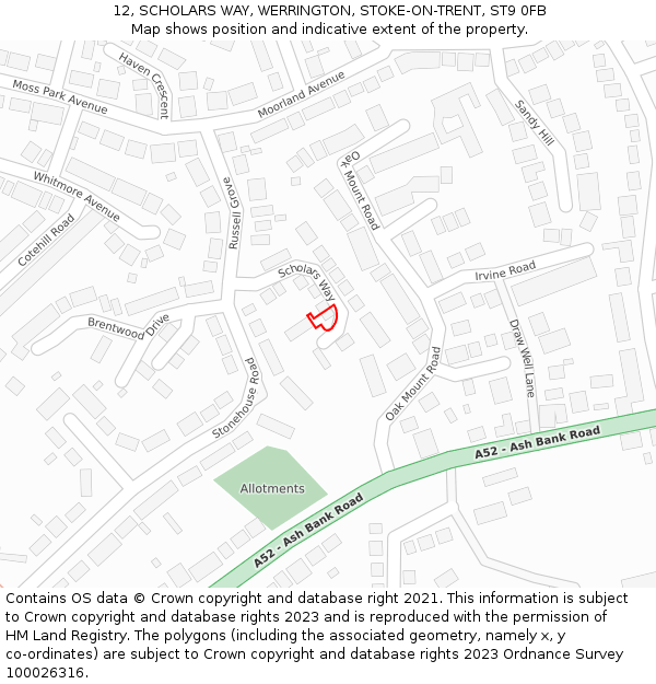 12, SCHOLARS WAY, WERRINGTON, STOKE-ON-TRENT, ST9 0FB: Location map and indicative extent of plot