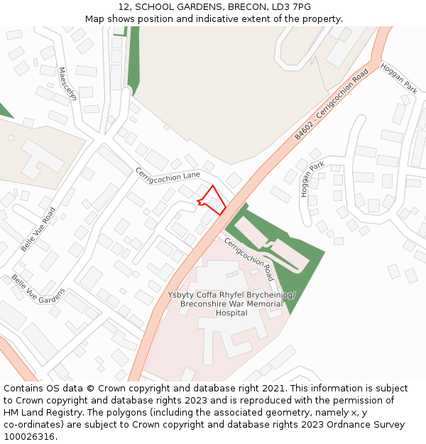 12, SCHOOL GARDENS, BRECON, LD3 7PG: Location map and indicative extent of plot