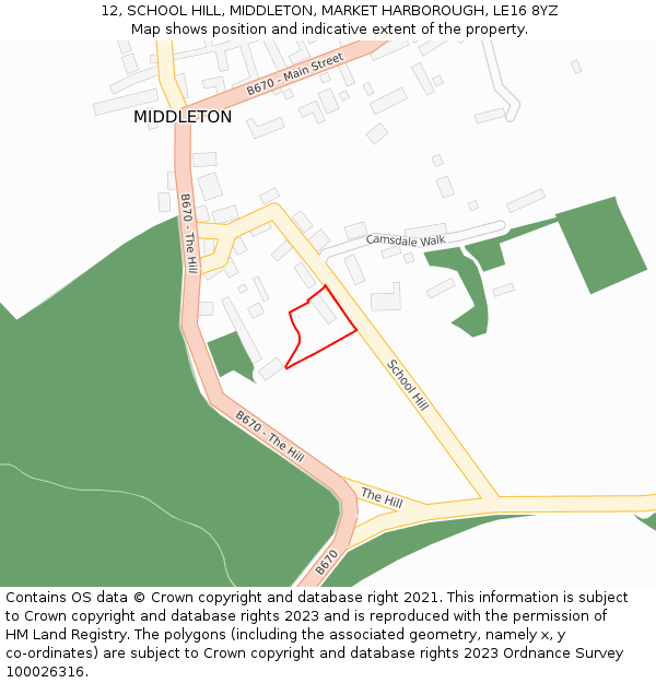 12, SCHOOL HILL, MIDDLETON, MARKET HARBOROUGH, LE16 8YZ: Location map and indicative extent of plot