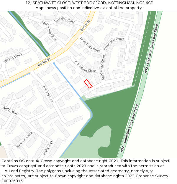 12, SEATHWAITE CLOSE, WEST BRIDGFORD, NOTTINGHAM, NG2 6SF: Location map and indicative extent of plot