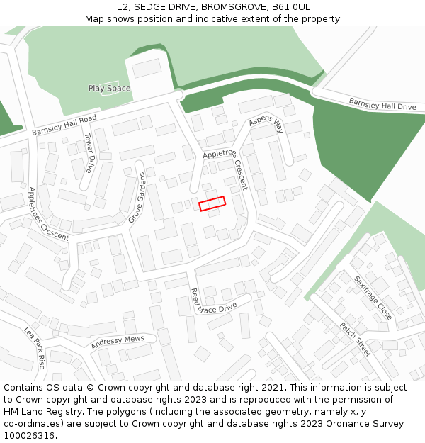 12, SEDGE DRIVE, BROMSGROVE, B61 0UL: Location map and indicative extent of plot