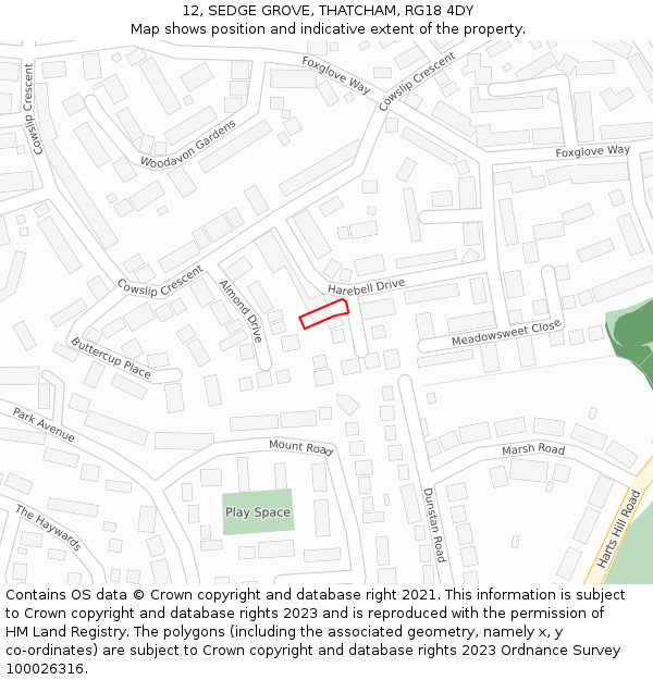12, SEDGE GROVE, THATCHAM, RG18 4DY: Location map and indicative extent of plot