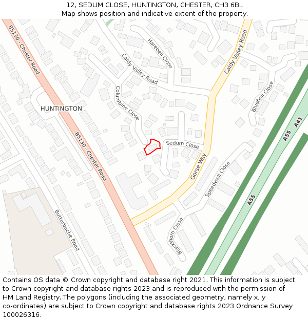 12, SEDUM CLOSE, HUNTINGTON, CHESTER, CH3 6BL: Location map and indicative extent of plot