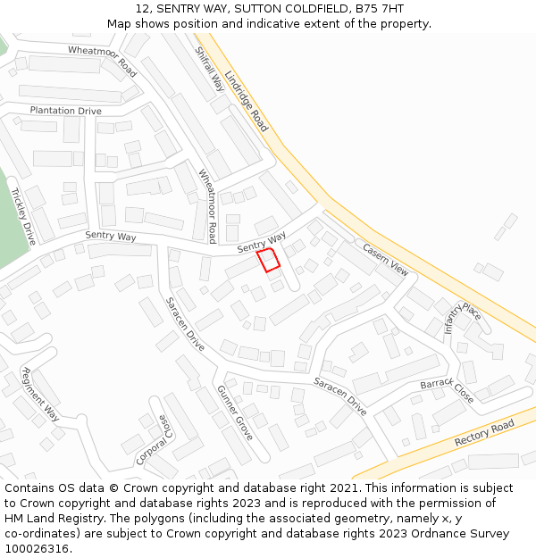 12, SENTRY WAY, SUTTON COLDFIELD, B75 7HT: Location map and indicative extent of plot