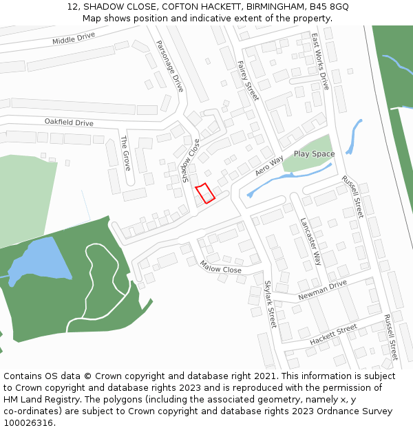 12, SHADOW CLOSE, COFTON HACKETT, BIRMINGHAM, B45 8GQ: Location map and indicative extent of plot