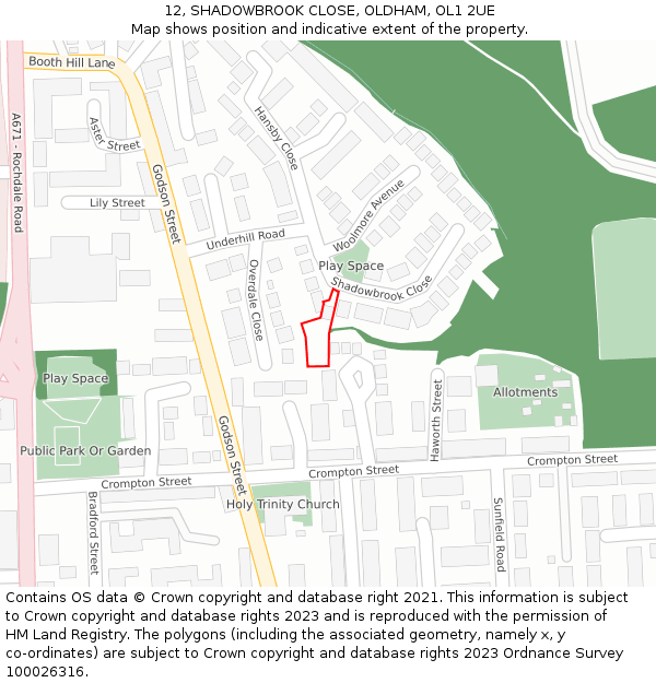 12, SHADOWBROOK CLOSE, OLDHAM, OL1 2UE: Location map and indicative extent of plot