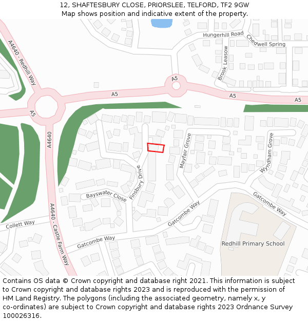 12, SHAFTESBURY CLOSE, PRIORSLEE, TELFORD, TF2 9GW: Location map and indicative extent of plot