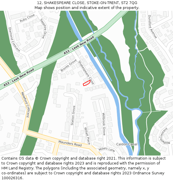 12, SHAKESPEARE CLOSE, STOKE-ON-TRENT, ST2 7QG: Location map and indicative extent of plot