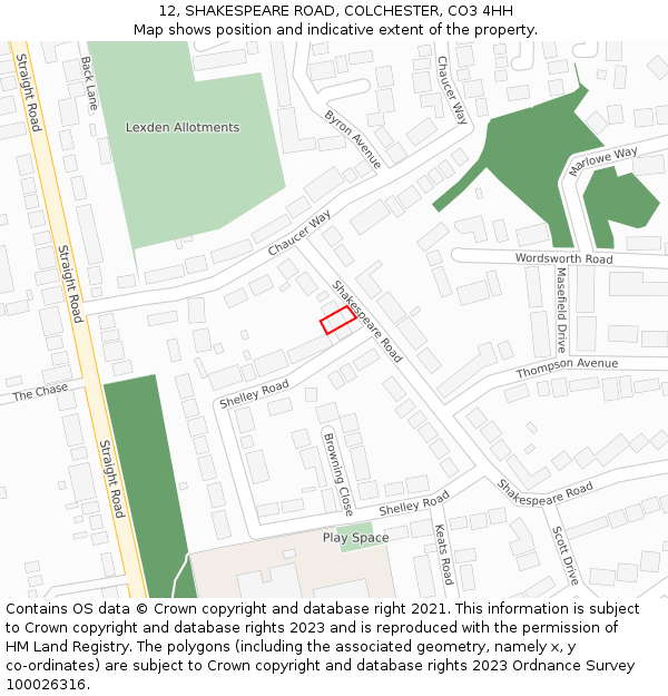 12, SHAKESPEARE ROAD, COLCHESTER, CO3 4HH: Location map and indicative extent of plot