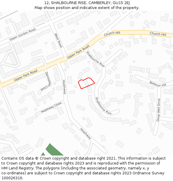 12, SHALBOURNE RISE, CAMBERLEY, GU15 2EJ: Location map and indicative extent of plot