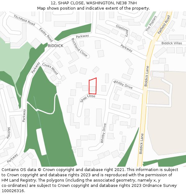 12, SHAP CLOSE, WASHINGTON, NE38 7NH: Location map and indicative extent of plot