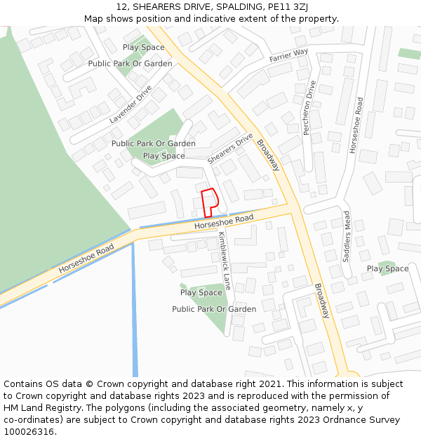 12, SHEARERS DRIVE, SPALDING, PE11 3ZJ: Location map and indicative extent of plot