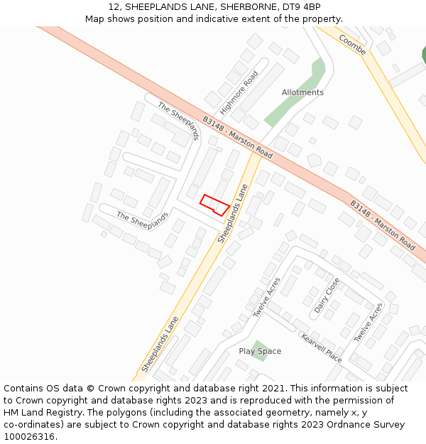 12, SHEEPLANDS LANE, SHERBORNE, DT9 4BP: Location map and indicative extent of plot