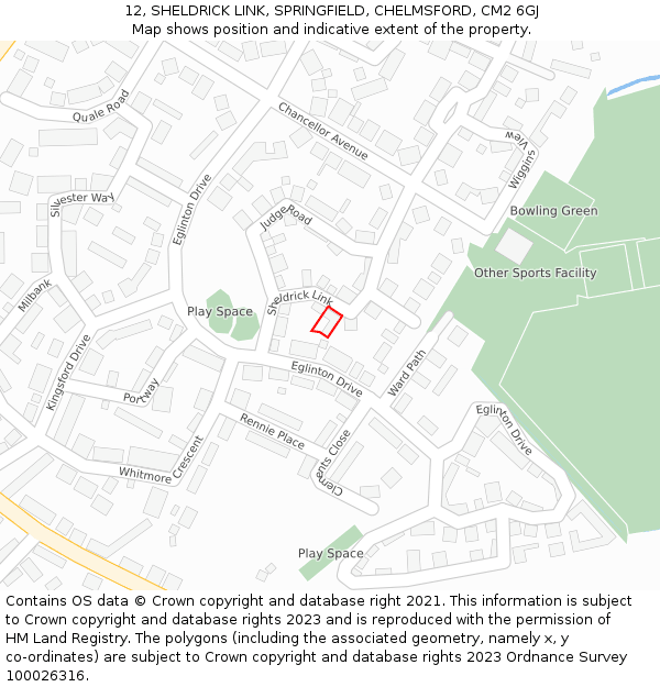 12, SHELDRICK LINK, SPRINGFIELD, CHELMSFORD, CM2 6GJ: Location map and indicative extent of plot